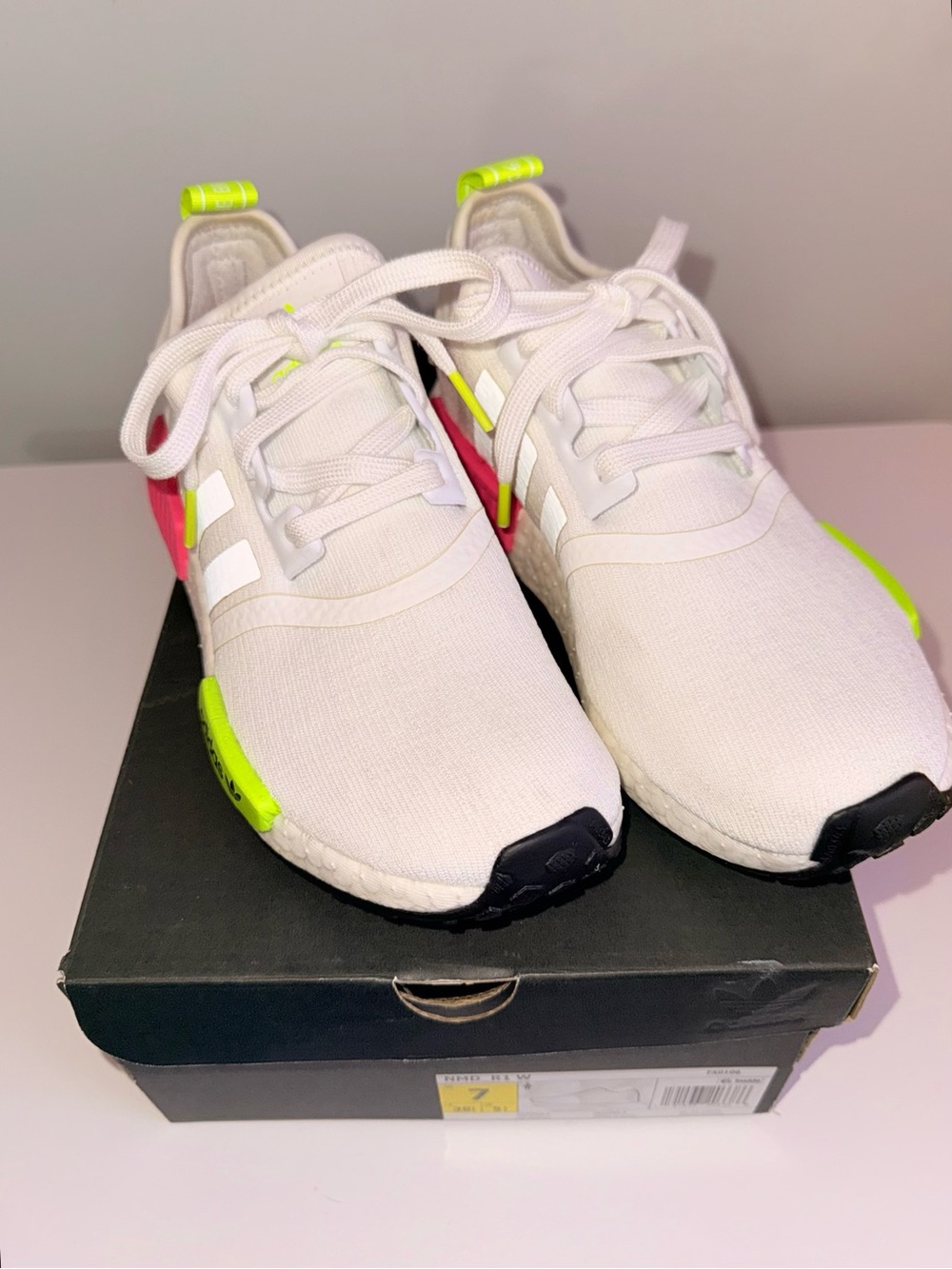 adidas Women’s White Athletic Sneakers with Neon Yellow & Pink Accents